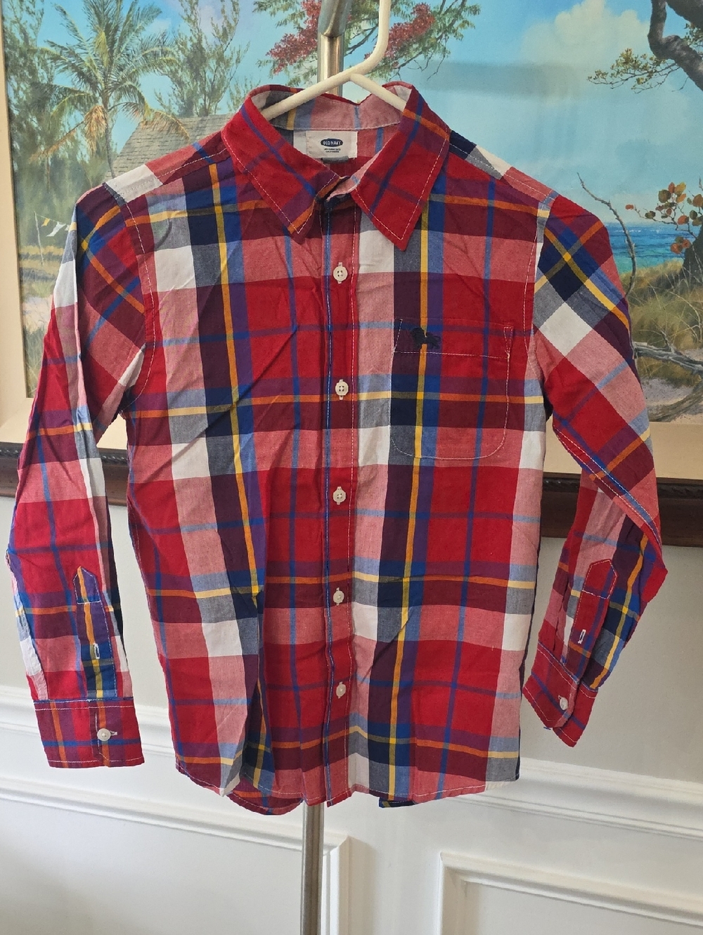 Old Navy Red Plaid Button-Down Shirt with Blue & Yellow Stripes